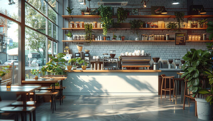 A chic urban cafe with artisanal coffee, minimalist decor, and bustling professionals. Generative AI.