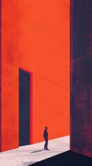 Silhouette of a person standing in a minimalist orange and purple abstract building.