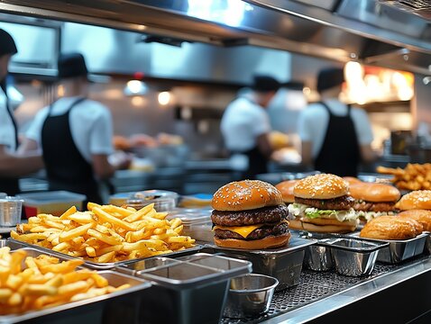 A busy fast food kitchen with employees preparing orders, assembling burgers, and frying fries, Fast food kitchen, behind the scenes
