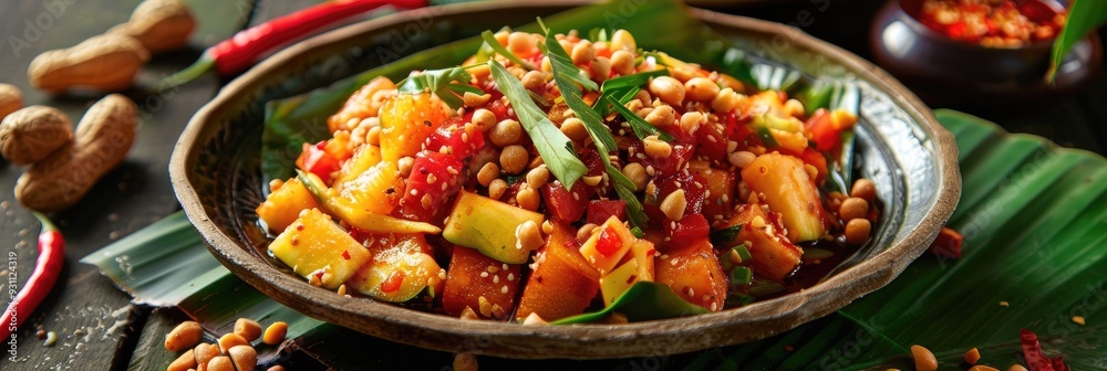 Poster Fruit Salad with Fresh Tropical Fruits in a Sweet, Sour, and Spicy Sauce Garnished with Crispy Peanuts