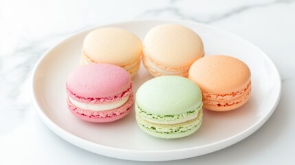 Fototapeta premium Delicate Pastel Macarons Arrangement on Porcelain Plate for Elegant Candy Bliss