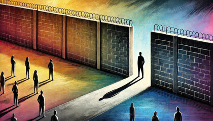 A visual representation of people separated by a barbed wire fence, highlighting themes of division, inequality, and barriers.