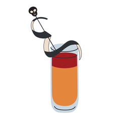 Vector illustration of a Halloween themed cocktail, layered orange and red drink garnished with black citrus peel and skull. Eerie, spooky design for horror parties and autumn celebrations