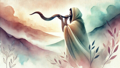 A robed figure blows a shofar at sunrise in a tranquil mountain setting with birds flying overhead, symbolizing spirituality and tradition. Yom Kippur.