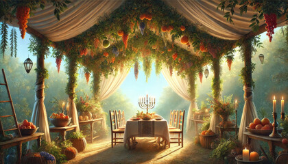 Morning sukkah with draped fabric and hanging fruits, surrounding a softly lit table in a tranquil garden setting.