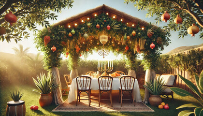 Lush garden sukkah adorned with hanging fruits and lights, surrounding a warmly lit dining table, capturing a serene evening atmosphere.