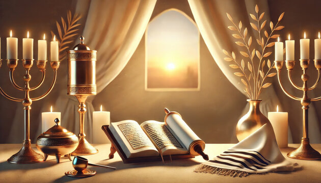 A peaceful setting with a Torah scroll, menorah, and candles on a table at sunrise, representing spirituality and tradition.
