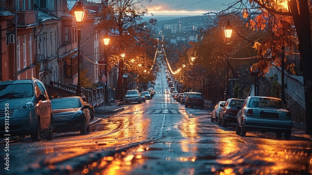 Poster a very beautiful image of an evening in the city. road. generative ai.