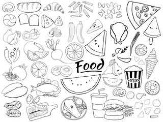 Set of fruits, veggies, bread, meat and fast food doodles, hand drawn illustration of fruits, vegetables, meat and fast food