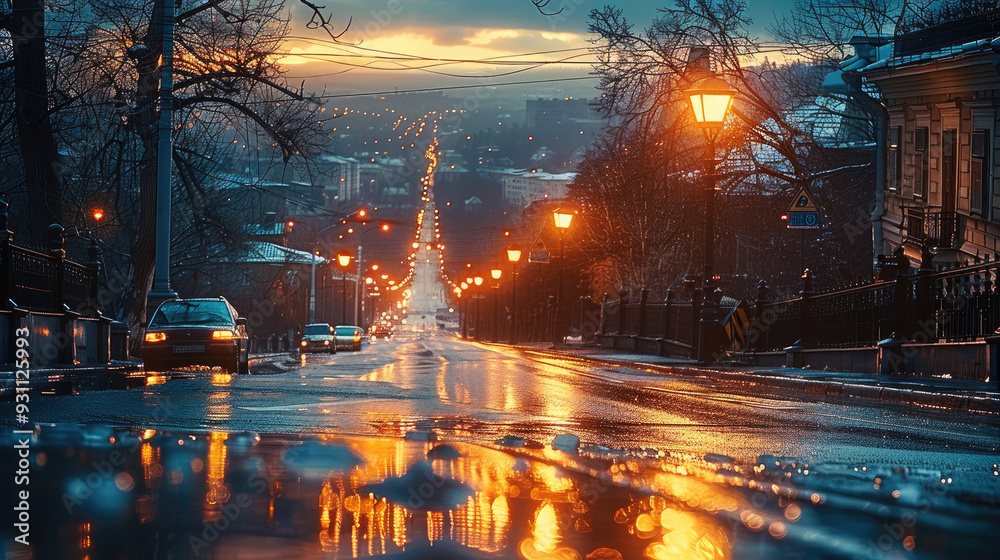 Poster a very beautiful image of an evening in the city. road. generative ai.