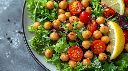 A detailed shot of a colorful salad with mixed greens, roasted chickpeas, and a lemon dressing, Healthy salad, light and refreshing