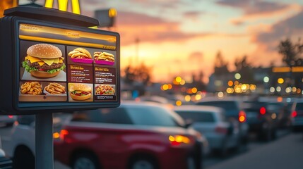 A drivethru sign with a large menu board displaying meal options and prices, positioned in front of a wellknown fast food chain, Drivethru sign, easy ordering