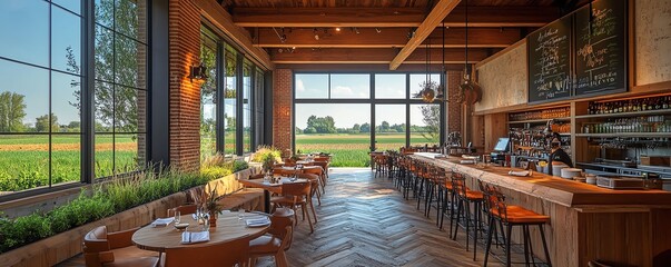 A farmtotable restaurant interior with wooden beams, large windows overlooking the fields, and a warm, inviting atmosphere, Farmtotable restaurant, cozy and natural