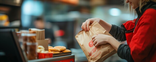 A fast food employee handing a customer a togo bag with branded packaging, through a drivethru window, Fast food togo, quick service
