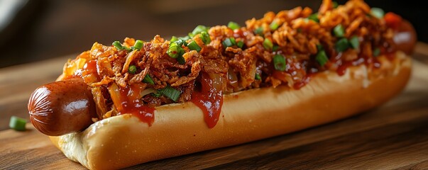 A gourmet hot dog topped with kimchi, sriracha mayo, and crispy onions, blending American and...