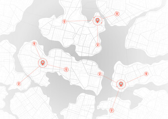 Extensive city scheme featuring points of interest. Abstract navigation plan of the urban area. General city map indicating streets, roads, and buildings. Vector illustration