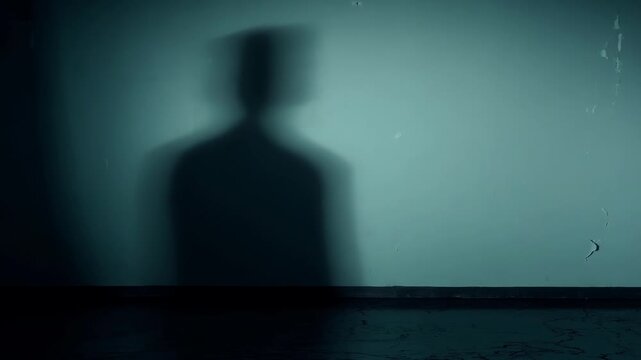 Blurry shadow figure is casting on a weathered wall in an abandoned house, creating an eerie and unsettling atmosphere for halloween