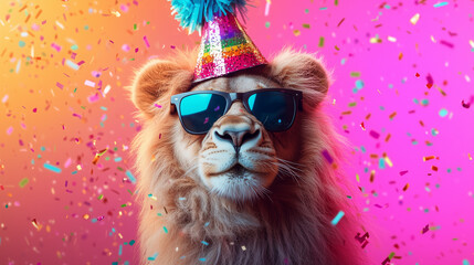 A birthday party lion with a hat and confetti