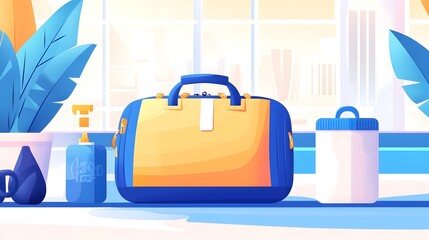 Obraz premium Blue & Yellow Gym Bag with Water Bottle & City View