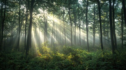 Obraz premium Sunbeams Through Foggy Forest