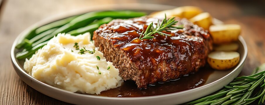 A plate of homemade meatloaf with a rich gravy, served alongside buttery mashed potatoes and green beans, Comfort meatloaf, hearty and satisfying