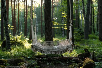 Hanging net swing, white spider web fabric with ropes, in the forest on green grass. Generative AI.