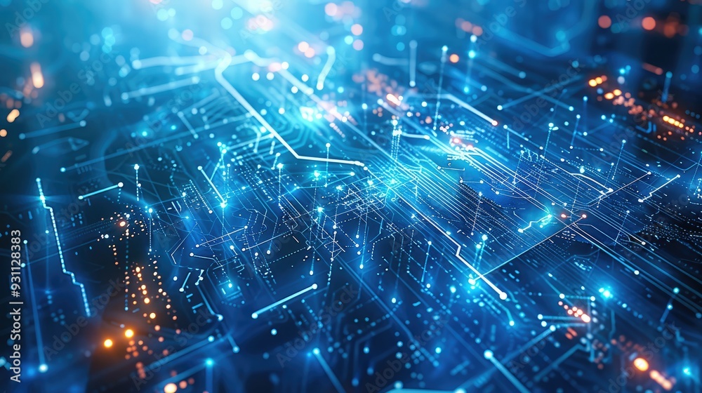 Poster Futuristic blue technology background featuring interconnected cyber network and AI data streams. Concept Technology, Futuristic, Blue, Cyber Network. Generative AI.