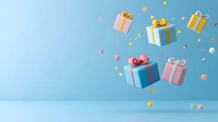 Obraz premium Colorful gift boxes with ribbons floating on a blue background, perfect for celebrations, parties, and special occasions.
