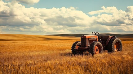 Obraz premium Rustic Charm: A Vintage Tractor Amidst Golden Wheat Fields - Perfect Poster for Agricultural Decor and Rustic Interior Spaces