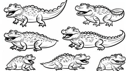 Six cartoon alligators in black and white, great for coloring.
