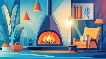 Fototapeta premium Cozy Living Room with Fireplace, Modern Design, Warm Atmosphere