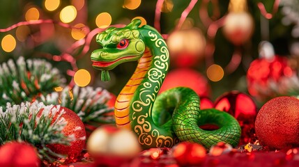 Fototapeta premium Colorful dragon figurine among lanterns and decorative elements in festive celebration setting