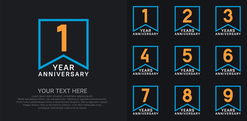 Naklejka premium anniversary logotype set. orange, white and blue color can be use for celebration