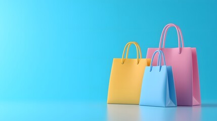 Colorful shopping bags arranged against a vibrant blue background, perfect for retail, sale, and shopping concepts.