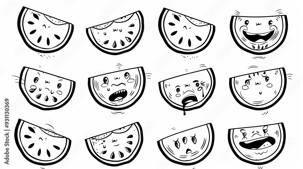 Canvas Prints 12 Watermelon Slices with Different Facial Expressions.