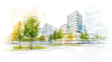 Obraz premium Modern architectural cityscape with trees and glass buildings in daylight.