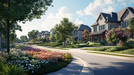 Fototapeta premium Quiet suburban street with modern homes and lush gardens on a sunny day.