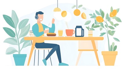 Happy Man Enjoying Breakfast with Lemon Decor