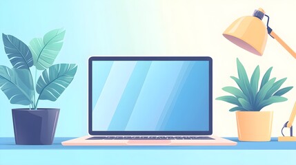 Laptop, Plants, and Desk Lamp on Blue Desk