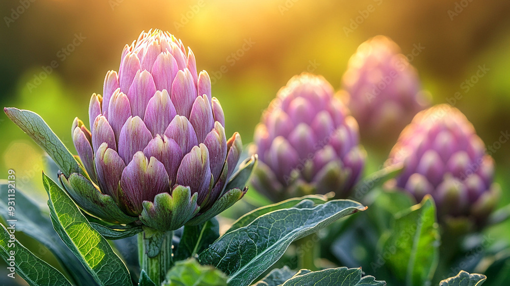 Canvas Prints artichoke plant bathed in sunlight, showcasing its ripe, blooming flower. The scene symbolizes growth, natural beauty, and the rewards of nurturing