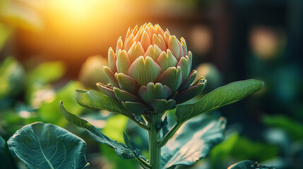 artichoke plant bathed in sunlight, showcasing its ripe, blooming flower. The scene symbolizes growth, natural beauty, and the rewards of nurturing