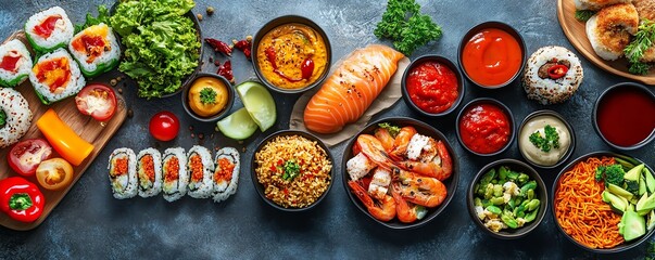 A stylish food delivery advertisement showing a variety of international cuisines available for delivery, with vibrant, mouthwatering images, Food delivery ad, global and diverse