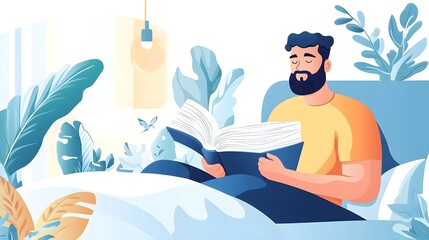 Obraz premium Man Reading Book In Bed, Relaxing, Peaceful