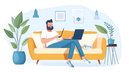 Fototapeta premium Man Relaxing On Couch With Laptop, Home Office Illustration