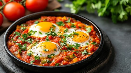 Fototapeta premium A vibrant dish of shakshuka with poached eggs in a spicy tomato and bell pepper sauce, garnished with fresh herbs, Shakshuka, spicy and satisfying