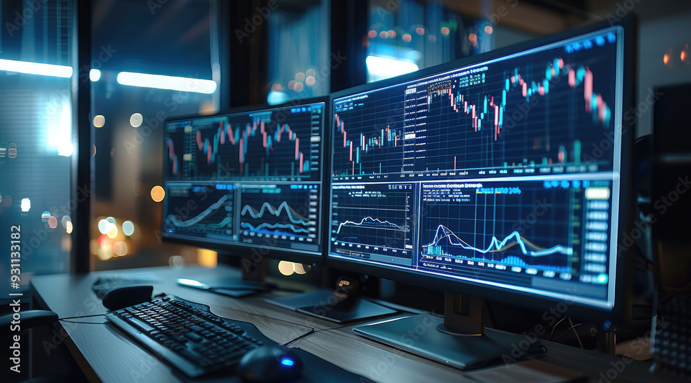 Poster computer monitors with financial charts on the screen, trading setup, trading desk. generative ai.