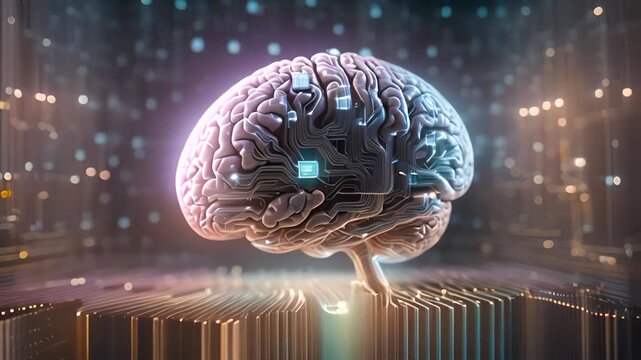 Glowing brain with neon line, artificial, artificial intelligence technology, 3d motion graphic