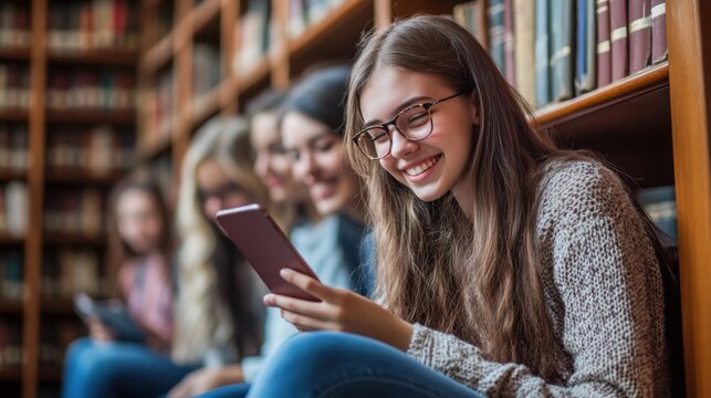 Smiling teenage girl reading on tablet in library with friends.