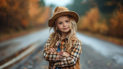 Young girl in plaid shirt and hat standing on road autumn season childhood adventure