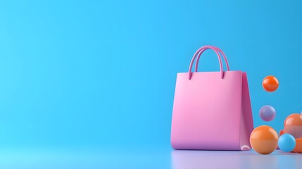 Pink shopping bag with colorful spheres on a blue background. Minimalist and vibrant composition perfect for retail, shopping, or sale themes.
